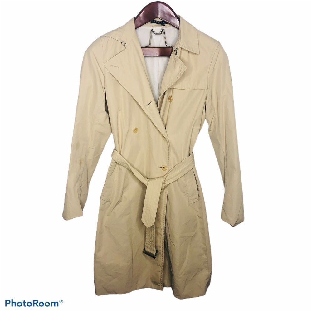 Theory Katerina Tan Trench Coat Belted Double Breasted Cream M Medium Lined Midi